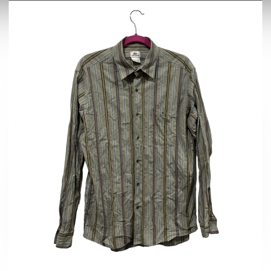 Lacoste Men's Vertical Stripe Size 42 Large Button Up Shirt Vintage Grey Logo